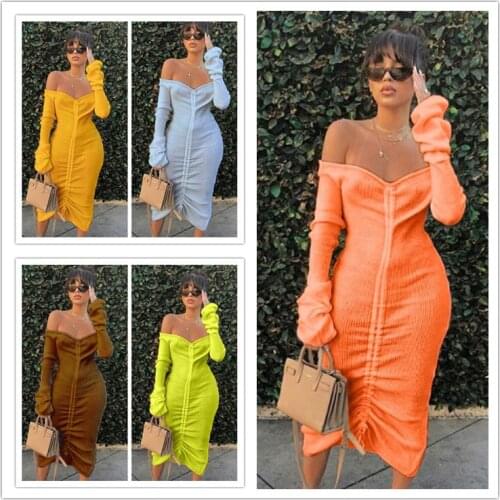 Woman Autumn Dress 2021 off-the-shoulder long-sleeved Long Pure Color Draw String New womens Dress Vestido De Mujer BLK1395
