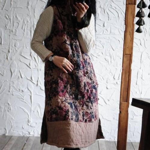 Retro Floral Print Cotton Linen Women Dress Designer Robe 2020 Chinese Style Button Stand Collar Loose Sleeveless Women Dresses