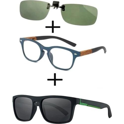 3Pcs!!! Comfortable Wooden Squared Frame Reading Glasses for Men Women + Squared Polarized Sunglasses Beach + Sunglasses Clip