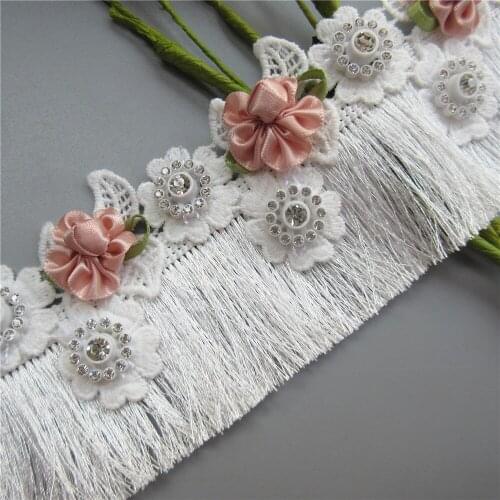 45cm/Lot White Tassel Fringe Lace Trim Ribbon Diamond Fabric Embroidered Applique Sewing Craft Dress Clothes Garment Decoration