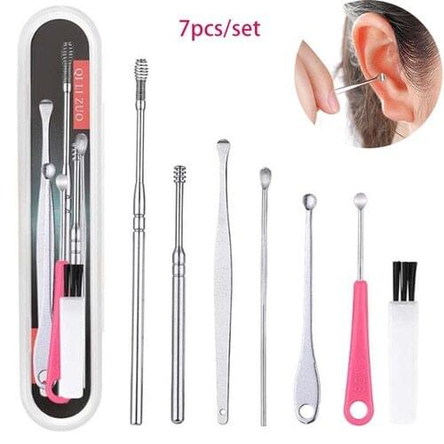 7PCS/set Ear Wax Removal Cleaner Ear Tool Multi-function Portable Stainless Steel Spiral Portable Earpick Spoon Ear