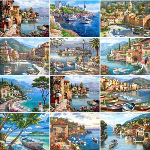 AZQSD DIY Drawing By Number Seaside House Town 50×40CM Handicraft Painting By Numbers Landscape Boat Oil Painting For Home
