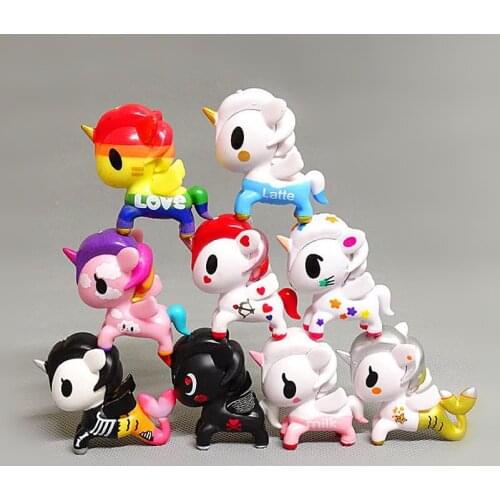 Free Shipping 9pcs/lot 6cm Rainbow Unicorn Pegasus Mixing Figure Toys Model Doll Figurine Home Office Cake Diy Decoration
