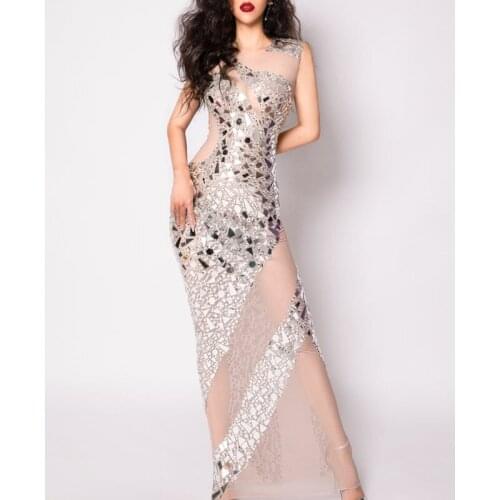 Shining Silver Mirrors Rhinestones Mesh Long Dress Birthday Celebrate Party Gown Dress Female Singer Show Dresses