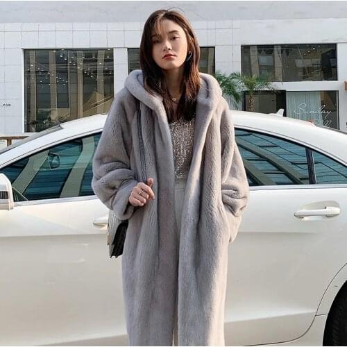 Long Faux Fur Coat Women Fashion Solid Color Hooded Mink Fur Jacket Winter Thick Warm Velvet Plus Size Overcoat Female Clothing