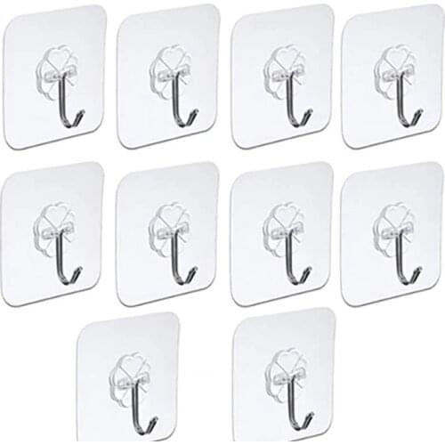 10 Pcs Adhesive Wall Hooks Transparent Reusable Anti-skid Traceless Heavy Duty Stick On Hooks Bathroom Kitchen