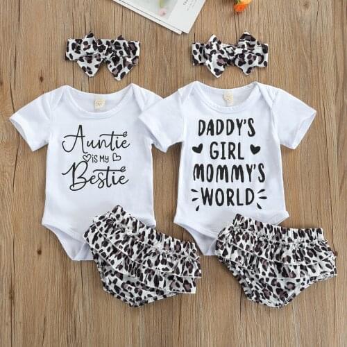 Newborn Baby Girl Clothes Sets Toddler Short Sleeve Letter Print Romper Leopard Bloomers Headband 3pcs Outfits Summer Clothing