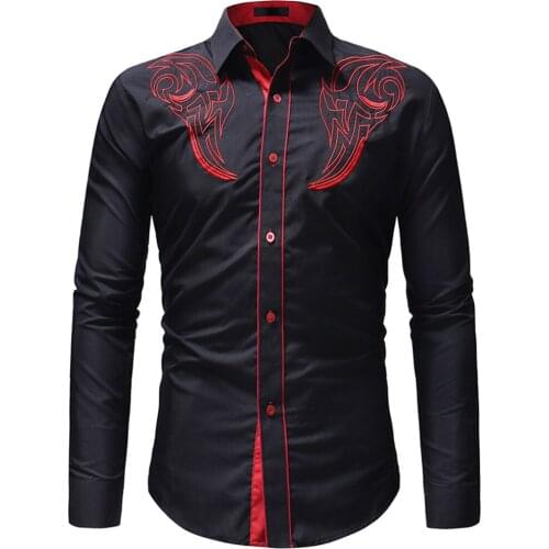 Fashion Mens Embroidered Western Shirt Long Sleeve Slim Casual Shirt
