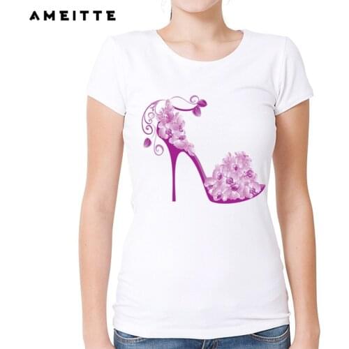 Fashion Flower High-heeled footwear T-Shirt Womens Personality High-heeled shoe Print T Shirt Summer Hipster Female Tee Tops