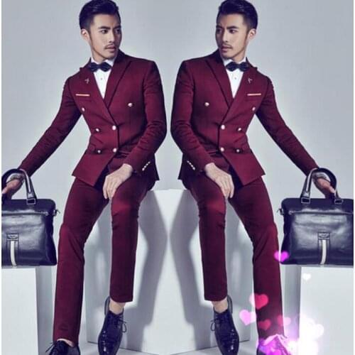 Free shipping double breasted slim men suit set with pants mens suits wedding groom formal dress suit + pant wine red fashion