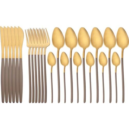 24Pcs Matte Gold Dinnerware Set 18/10 Stainless Steel Knife Fork Spoon Cutlery Set Kitchen Silverware Flatware Tableware Set