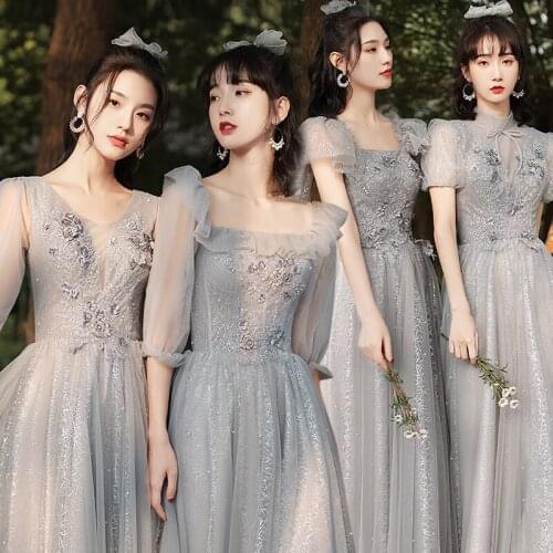 Bridesmaids Dresses Illusion V-Neck Appliques A-Line Embroidery Pearls Lace Tulle Floor-Length Gray Lady Wedding Party Gown E389