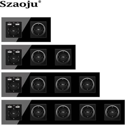 Szaoju EU 16A Power Socket With USB Wall 2.1A USB Socket AC110-250V LED Crystal Glass Panel Smart Life Home LED Lndicator