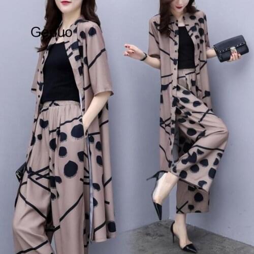 Polka Dot Chiffon Cardigan And Wide Leg Pants Womens Sets Short Sleeve Single-breasted Top Loose Pants Suit Set 2020 New