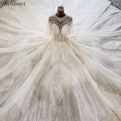 Plus Size Wedding Dress 2021 with Half Sleeve Ball Gown Bridal Dresses O Neck 150CM Cathedral Train See Through Top Lace Up