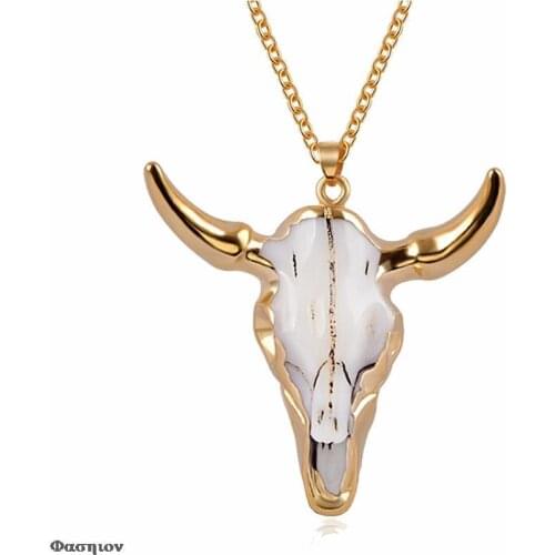 Vintage Bull Skull MenS Pendant Necklace Wrapped Gem Buffalo Cattle American Western National Style Denim Jewelry