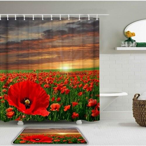 3D Fresh Flowers Shower Curtains Set Waterproof Bathroom Curtain with Hooks Anti-slip Bath Mat Rugs WC Toilet Carpet Home Decor