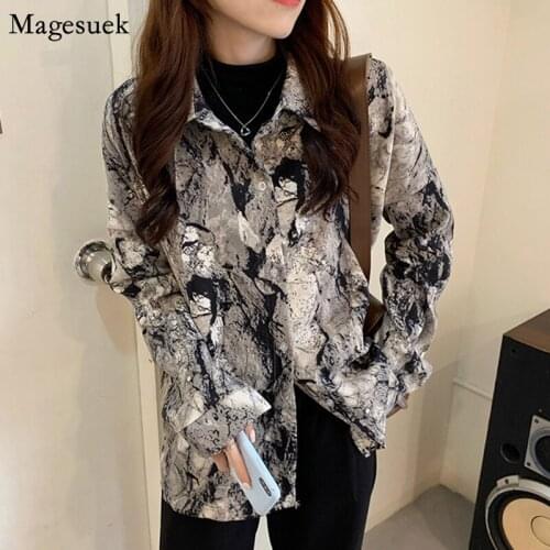 New Spring Long Sleeve Blouse Shirts Women Plus Size Loose Female Shirt Tops Ink Print Vintage Women Blouses Casual Blusas 12939