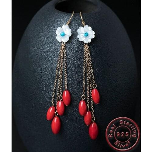 Amxiu Handmade Long Tassel Earrings Natural Shell 925 Sterling Silver Jewelry Red Pendants Flower Earrings For Women Accessories