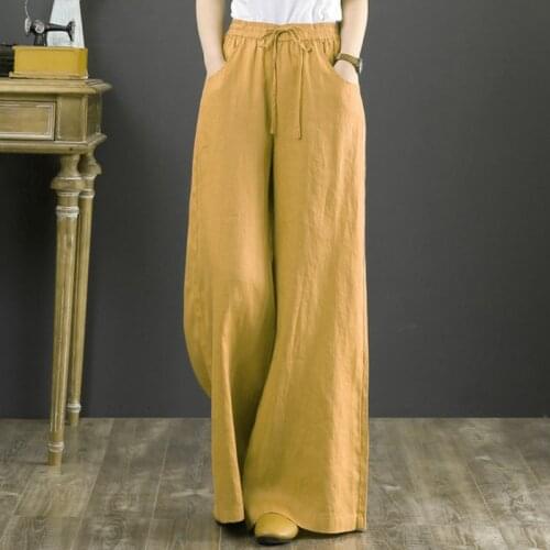 2021 Spring Cotton Linen Wide Leg Womens Pants High Waist Solid Drawstring Plus Size Loose Ankle-length Trousers For Female