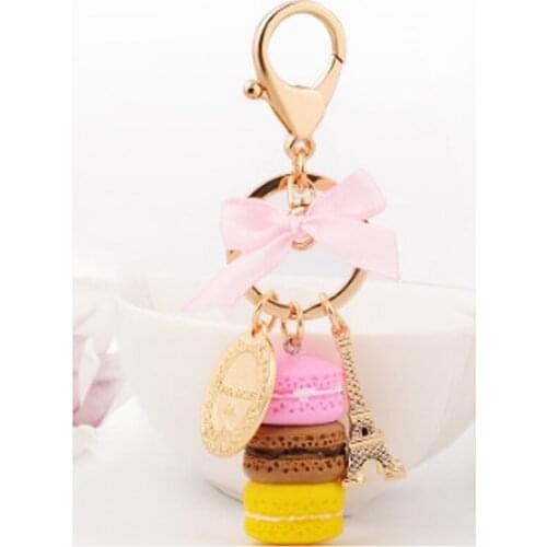 Macarons Cake Keychain With France Paris Eiffel Tower Macarons Ribbon Keyrings for Women Bag Charm Gift Accessories CH983