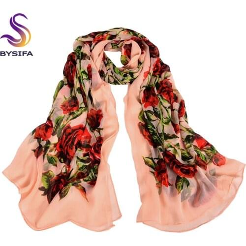 [BYSIFA] Ladies Silk Scarf Shawl Spring Autumn Long Scarves Extended New Roses Design Beach Shawl Cover-Ups Women Scarf 180*90cm