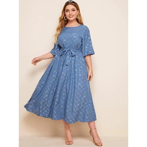 2021 Womens Summer Dress Plus Size 5XL Female Half Sleeve Plaid Print Sequined Party Dress Belted Loose Oversized Long Dresses