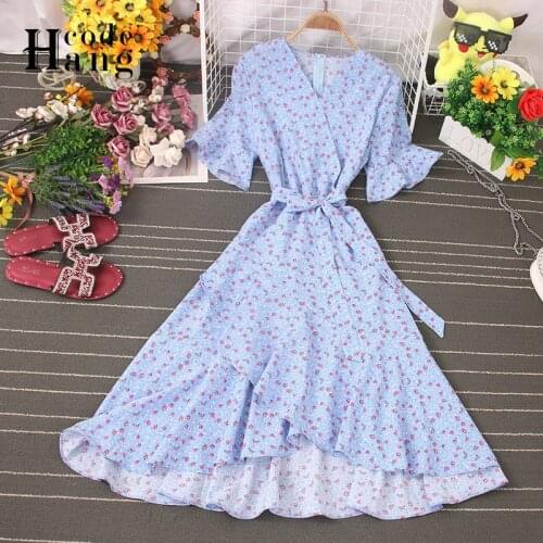 HangCode 2020 Summer Vintage Flower Print Butterfly Sleeve A-line Dress Women Elegant V-neck Sashes Ruffles Casual Dress Tunic