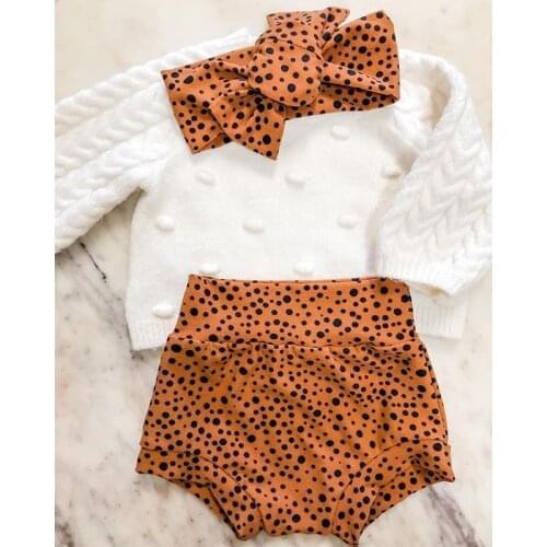 0-2Yrs Leopard Clothes Set Spring Knitted Sweater Tops Shorts Headband 3Pcs Autumn Girls Clothing Outfits