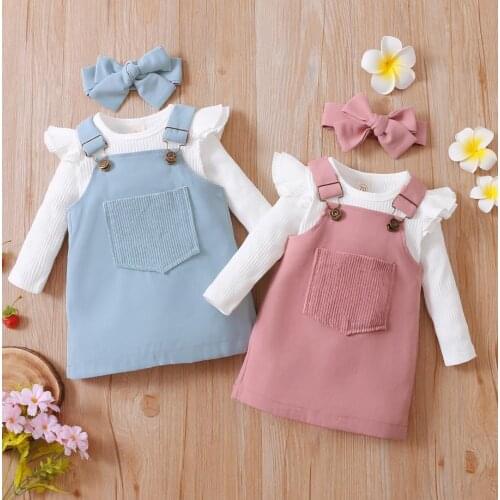 3Pcs Baby Girls Outfit Solid Color Long Sleeve Round Collar Romper Front Pocket Suspender Skirt Headwear Set Babys Sets