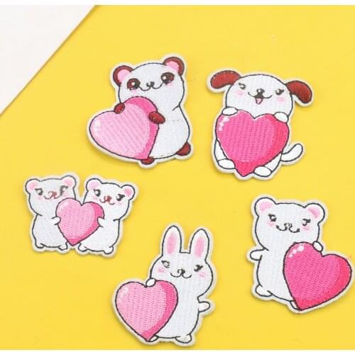 5PC Self-adhesive Cute Bunny Heart Embroidery Patch Childrens Clothes Applique DIY Mobile Phone Case Hand Account Making Decor