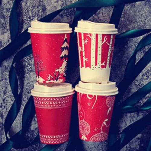 50pcs High quality disposable coffee cup 400ml Chiristmas party favor cold hot drink red paper cup with lid takeaway package