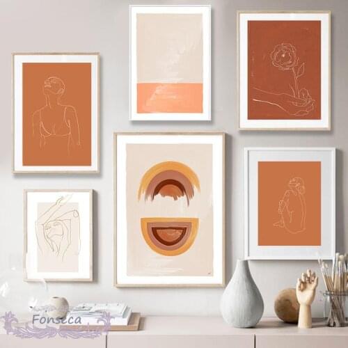 Abstract Orange Tone Canvas Painting Wall Art Line Drawing Rainbow Flower Woman Body Posters Minimalist Boho Home Decoration