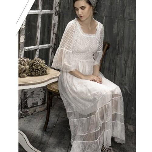 Free Shipping 2016 New Spring High Quality Womens Long Nightgowns Beige Pijamas Lace Embroidery Sleepwear Vintage Nightgown