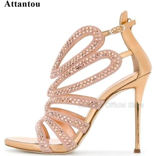 Crystal Embellished Thin High Heel Sandal Woman Summer Open Toe Cutouts Heeled Party Shoes Gold Leather Sandal Shoes