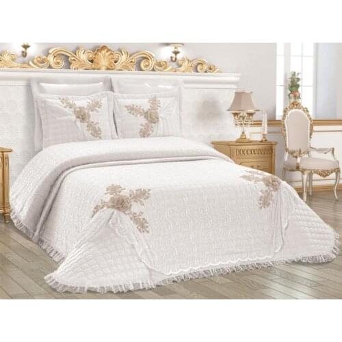Elegant Tulle Embroidered Quilted Double Coverlet Set 3PCS Bed Cover Set Cream Ecru Color Set Pillowcases Bedroom Textile-ALEYNA