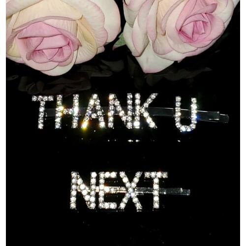 Hottest Crystal Saying Words Hairclips "THANK U NEXT“ Hair Pins Blingbling Bobby Pins Hairgrip Accessories 2pcs/Set WHOLESALE