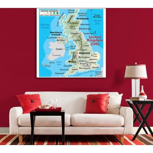 150*150cm The United kingdom Terrain Map Vinyl Canvas Painting Large Wall Poster Classroom Home Decoration School Supplies