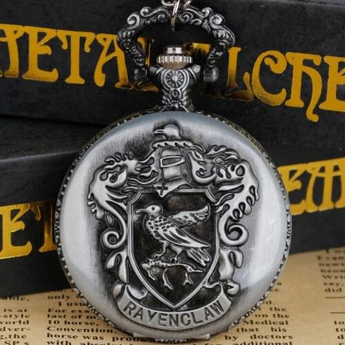 Classic Antique Black Engraved Ravenclaw School Pocket Watch Necklace Fob Quartz Gift Pendant