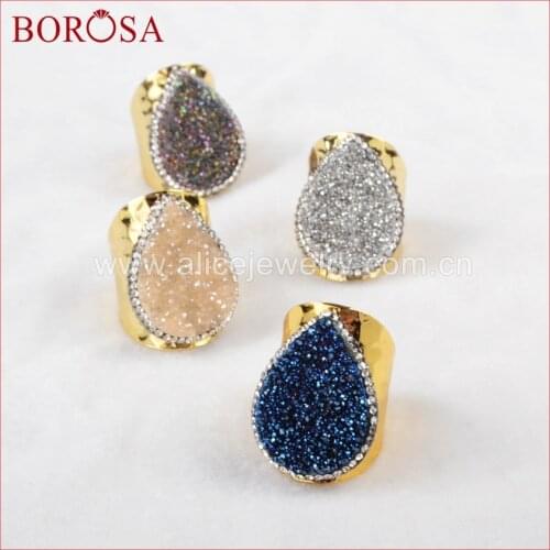 BOROSA Druzy Bang Ring Natural Crystal Druzy Ring Teardrop Women Crystal Rhinestone Pave Zircon JAB374