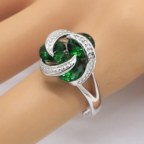 Round Blue Green Stones Silver Color Ring for Women Wedding Party Jewelry Birthday Gift