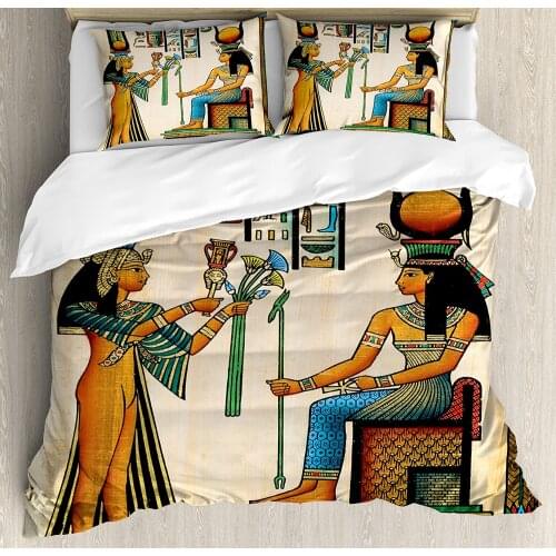 Egyptian Duvet Cover Set Old Egyptian Papyrus Depicting Queen Nefertari with Historical Empire Artwork 3 Piece Bedding Set Multi