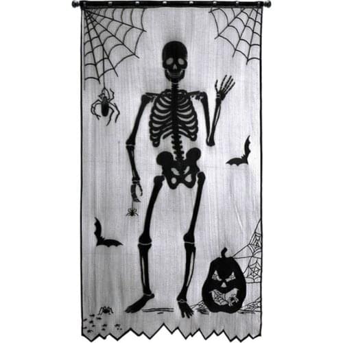 Lace Halloween Window Curtains Table Cloth Spiderweb Bats Skeleton Curtains Horror Props Fireplace Scarf Party Favor Decor