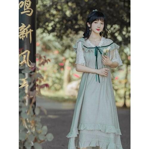 Chinese Style Hanfu Lace V-neck Dark Pattern Jacquard Gentle Fairy Dress Bowknot Ruffled Cute Dress Robe Femme