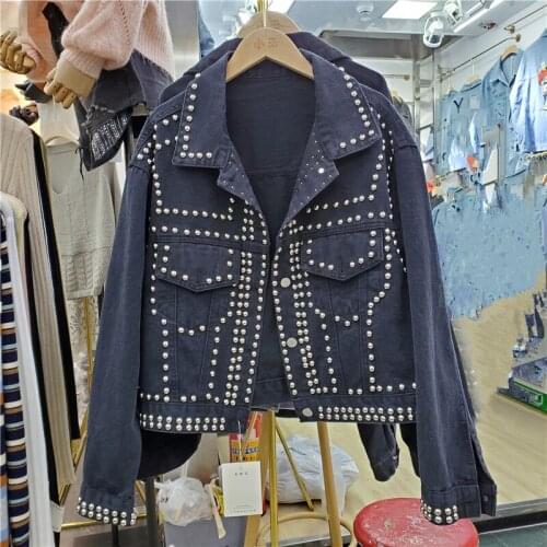 Heavy Work Beaded Denim Jacket Women Harajuku Washed Light Blue Black Short Coat Autumn Lapel Long Sleeve Female Bomber Outwear