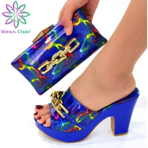 Summer Royal Blue Color Elegant Style African Ladies Sheos Matchig Bag Comfortable Heels with Appliques for Garden Party