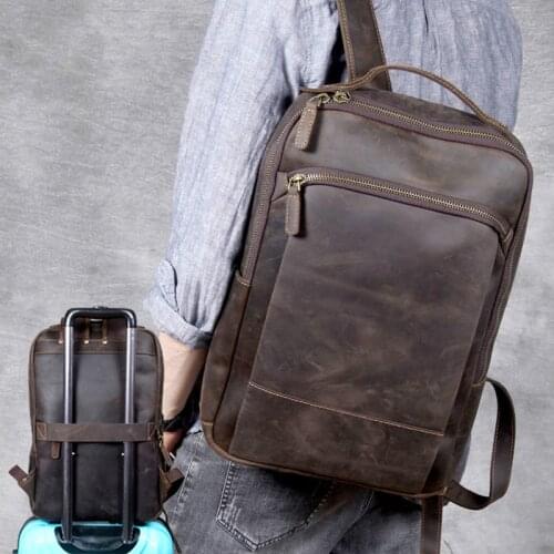 Mens Backpack vintage simple crazy horse cowhide genuine leather men work bag large capacity laptop knapsack travel bookbags