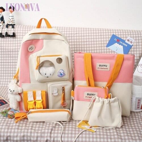Five-Piece Set Small Fresh Female Mochila Korean Version Of Teenage Girls Cute Lightweight Backpack Simple And Canvas Schoolbag