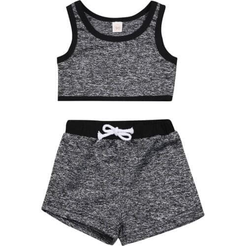 New 2Pcs Kids Summer Outfit Girls Solid Sleeveless Tops + Drawstring Elastic Waist Shorts Set