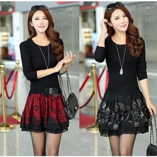 New Arrivals 2018 Women Dresses Autumn Winter Brand Long Sleeve Knitted Sweater Dresses Plus Size Print Jacquard Patchwork Dress